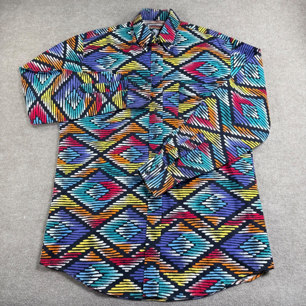 Vintage Karman Western Shirt Mens XL Multicolor Geometric Diamond Brushstroke